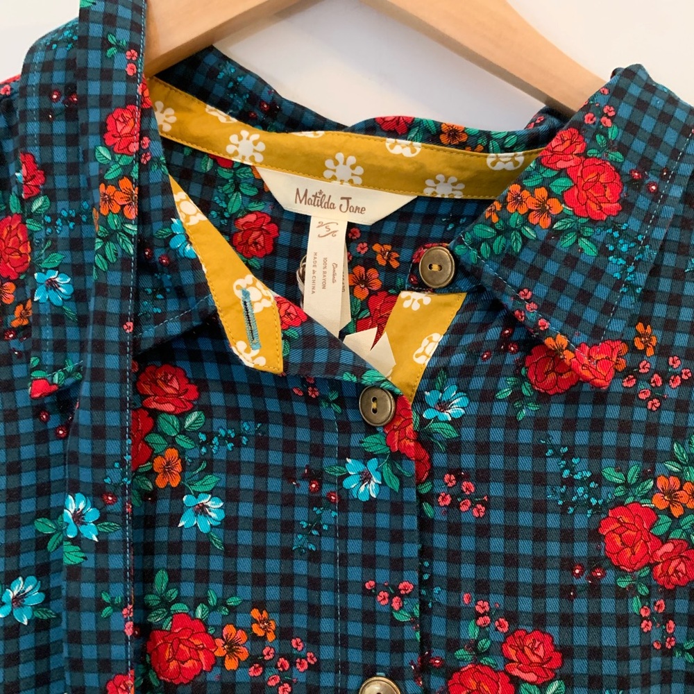Matilda Jane Teal Plaid Dress with Red & Orange Floral Print